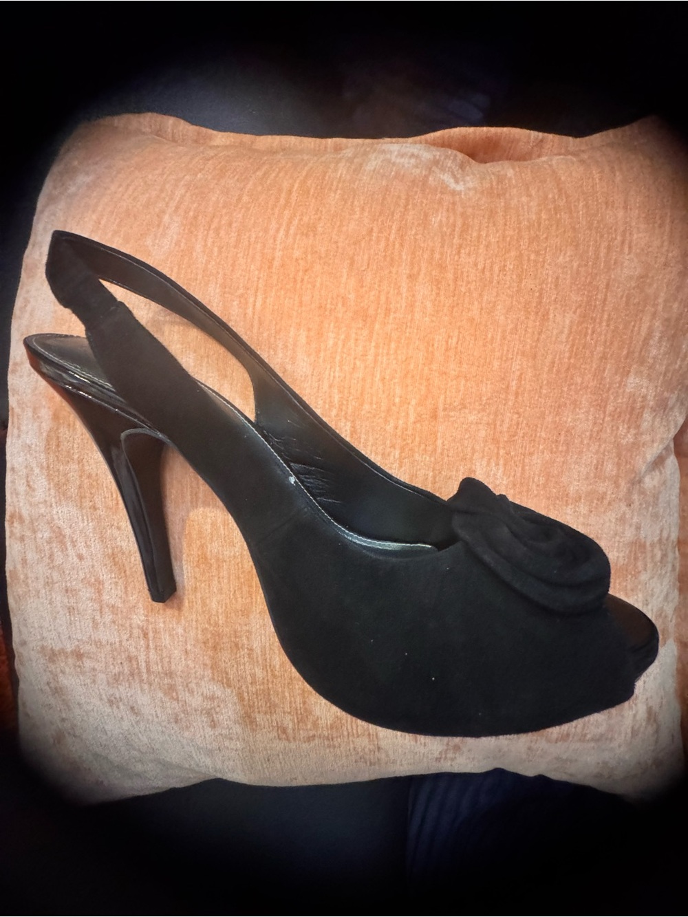 Kelly & Katie Black Suede Slingback Peep-Toe Heels with Rosette